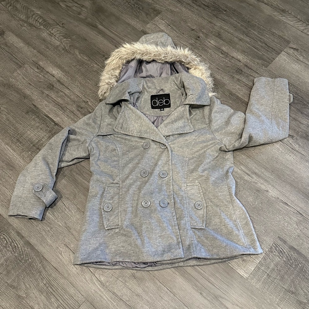 Womens Deb pea coat with a detachable faux fur hood 1X